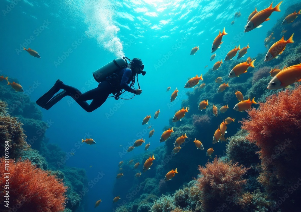 Fototapeta premium Colorful underwater exploration with diver and vibrant fish in clear ocean waters