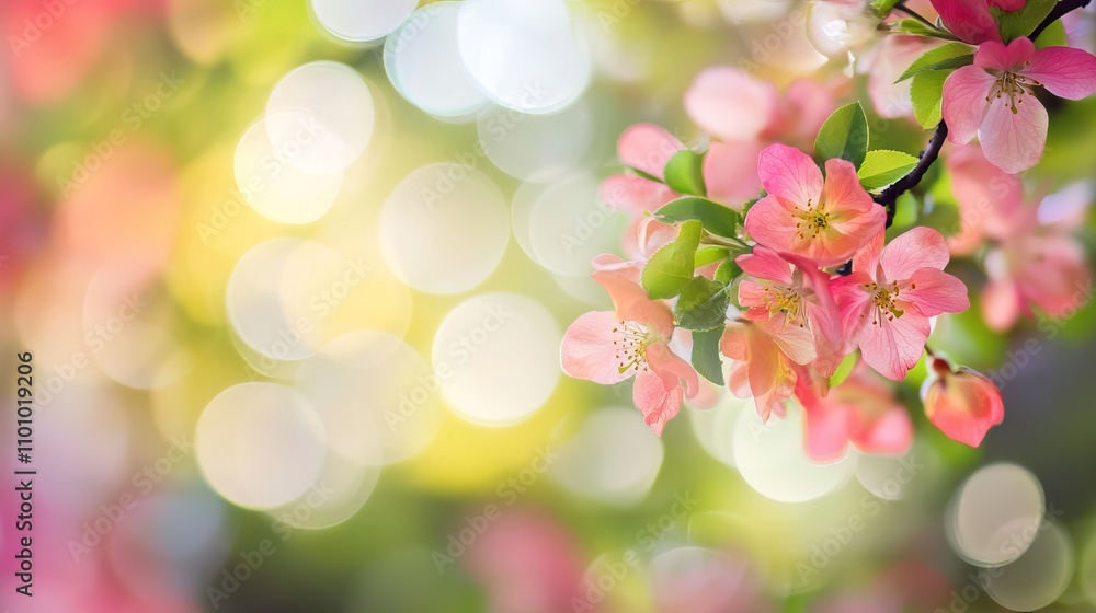 Fototapeta premium Vibrant spring blurred background with blooming flowers, lush greenery, and soft pastel colors for seasonal designs and nature-themed projects