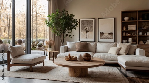Minimalist Living Room with Forest View and Scandinavian Style V1