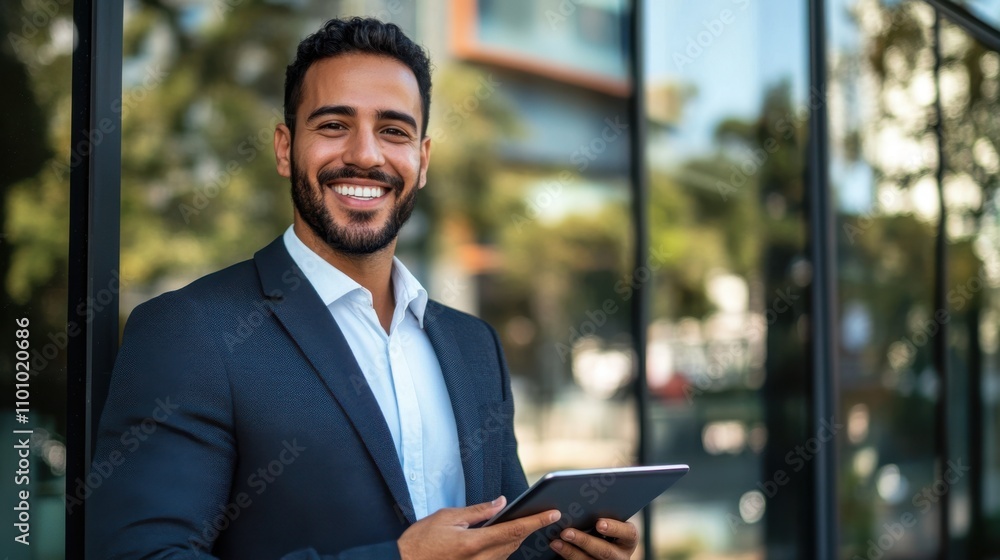 Fototapeta premium Successful Latin entrepreneur holding a digital touchpad,