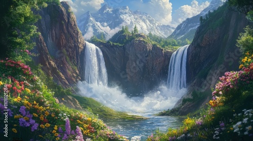 Tadfane Waterfall, a stunning twin cascade, with vibrant balsam flowers