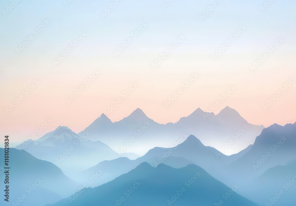 Fototapeta premium Serene Mountain Landscape at Dawn with Soft Pastel Colors and Misty Silhouettes Evoking a Sense of Calm and Tranquility in Nature's Beauty