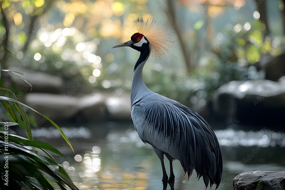 Fototapeta premium A majestic grey crowned crane stands gracefully in a serene natural setting