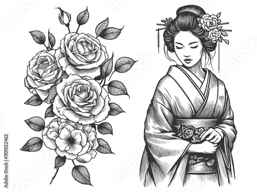 Japanese woman in a traditional kimono, paired with a detailed bouquet of blooming roses sketch engraving generative ai vector illustration. Scratch board imitation. Black and white image.