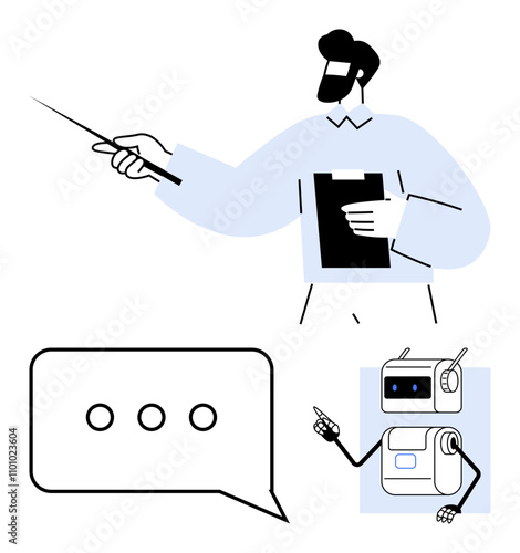 Person with clipboard and pointer speech bubble, and robot with pointing hand. Ideal for education, technology, AI, communication, robotics, instructional design, presentations. Line metaphor