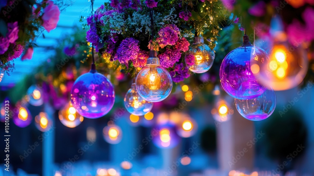 Obraz premium Elegant floral decorations with glowing lights at outdoor event