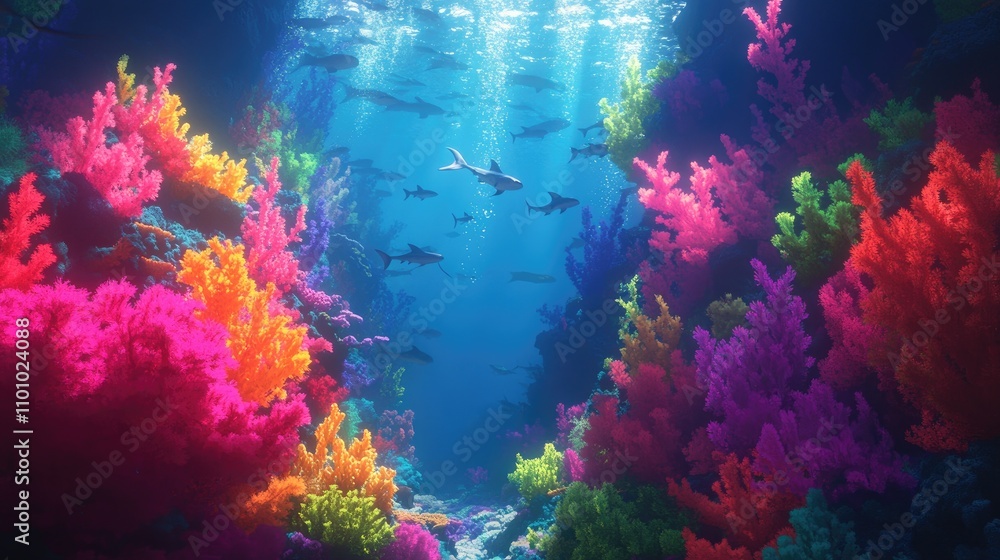 Naklejka premium Vibrant Underwater Scene with Colorful Coral and Tropical Fish