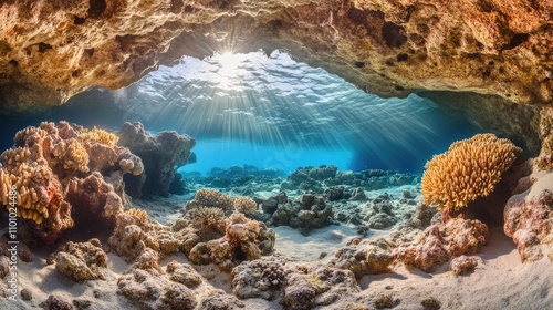 Underwater View of Coral Reef with Sunlight Filtering Through Cavern photo