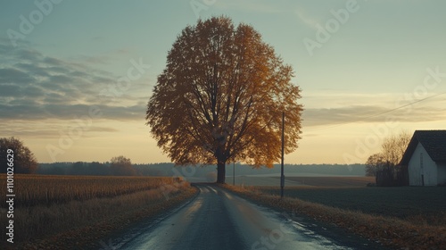Majestic Autumn Tree by Roadside During Calm Sunrise in Rural Area
