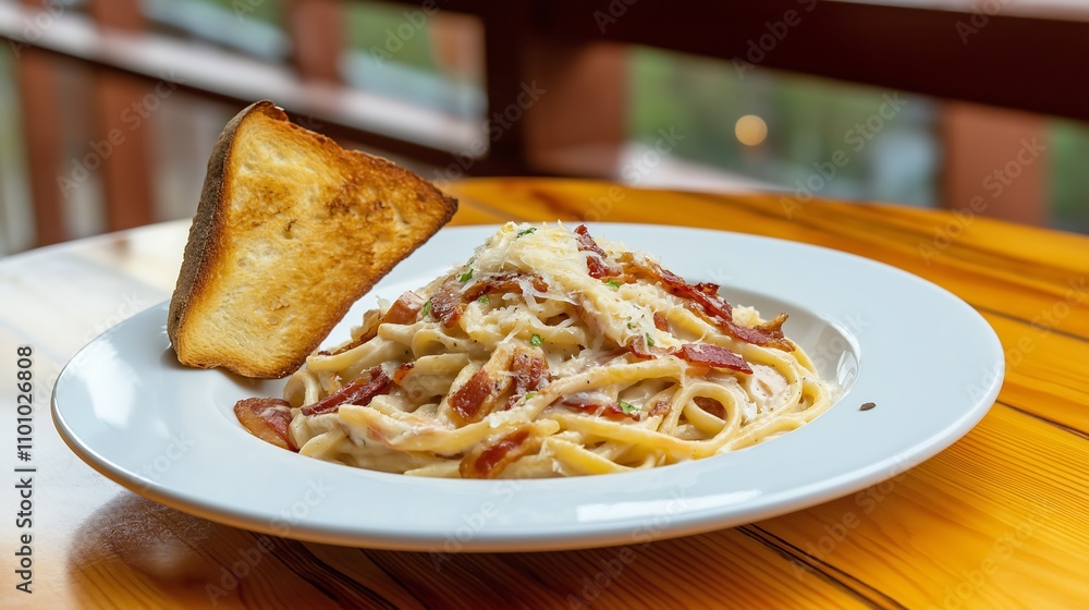Fototapeta premium A plate of creamy spaghetti topped with bacon, served with a slice of toasted bread on a wooden table.