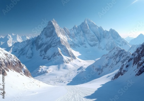 Majestic snow-covered mountains under a clear blue sky in the early morning