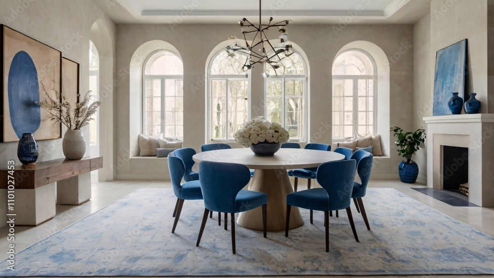 Modern Luxury Dining Room with Blue Velvet Chairs and Art V2 Stock ...