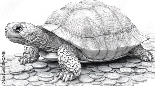 4K hyper-detailed outline of a tortoise walking along a path of coins, with intricate lines on its shell and the coins below.
