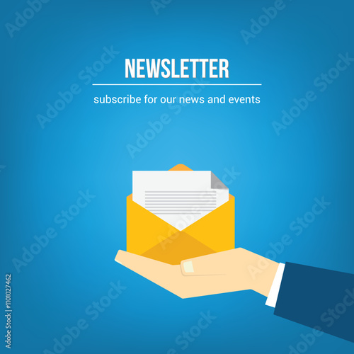 Newsletter. vector illustration of email marketing. subscription to newsletter, news, offers, promotions. a letter and envelope. subscribe, submit. send by mail.