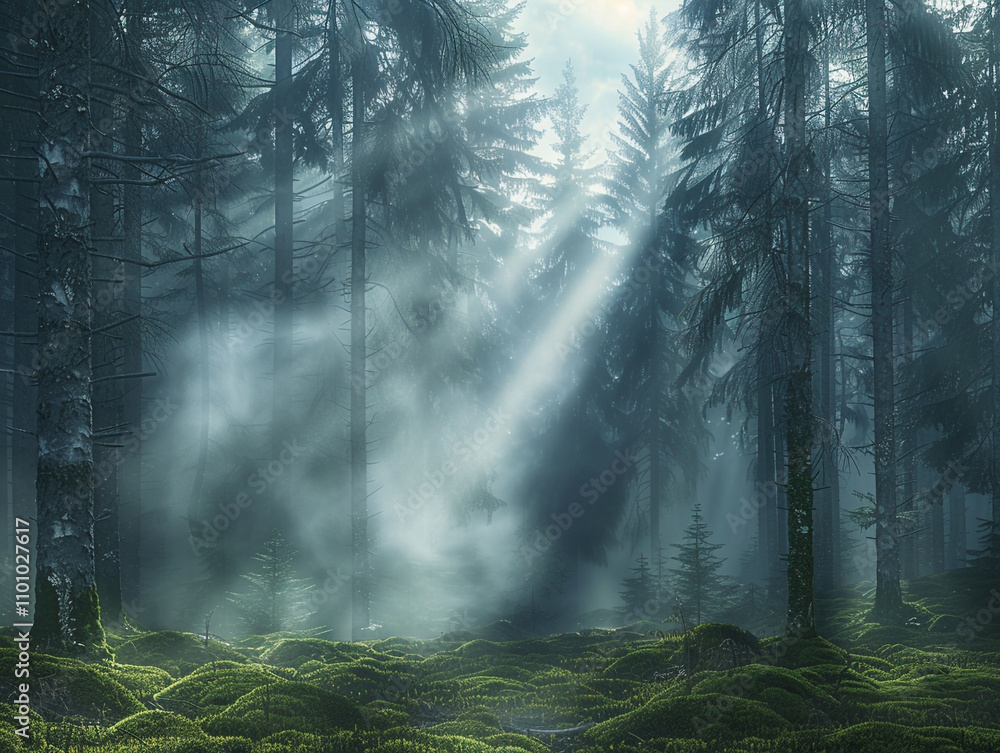 A misty morning in a Scandinavian forest with dense pine trees, thick green moss, and beams of light piercing through the fog, creating a magical scene. A misty morning in a Scandinavian forest with dense pine trees, thick green moss, and beams of light piercing through the fog, creating a magical scene.