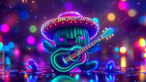 A cute cartoon cactus wearing a sombrero and playing a guitar.  It's a glowing, neon design with a shiny background. photo