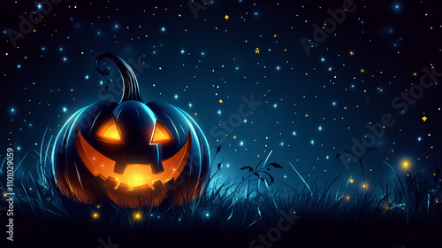 A spooky, shiny pumpkin glows in the night sky.  It's a Halloween design with neon lights and a glossy look. photo