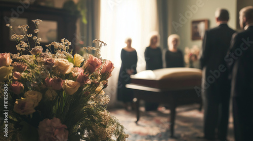Open coffin in a small private funeral setting surrounded by family members dressed in black