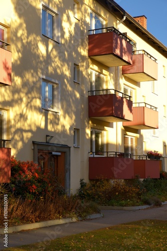 House/apartment building with balconies, blue sky