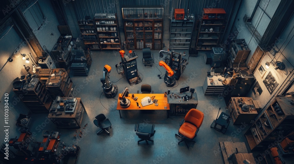 Fototapeta premium Industrial Workspace with Robots and Office Setup in Factory