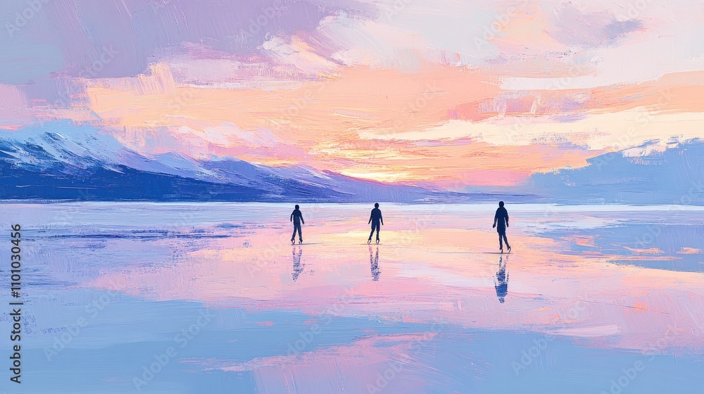 Fototapeta premium Figures Ice Skating at Sunset Mountain Lake