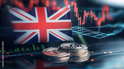 A close-up of British coins and the UK flag, set against a backdrop of financial graphs, symbolizing the UK economy and currency markets.