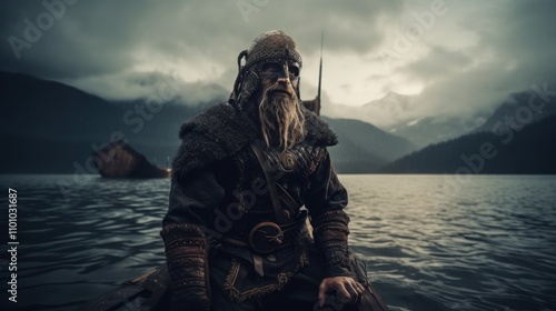 Viking Saga: A lone warrior navigates the treacherous waters, his weathered face reflecting a tale of battles won and lost.
