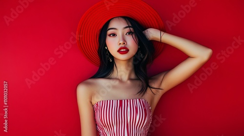 Asian woman in red hat and striped tube top. photo