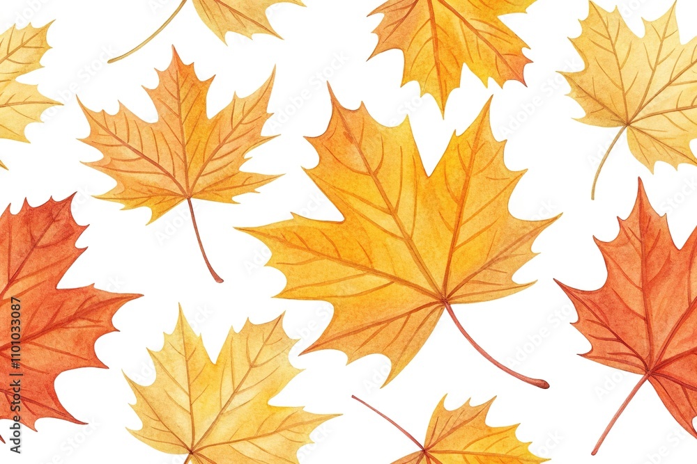 Fototapeta premium Vibrant watercolor yellow and orange maple leaf patterns on a clean white surface, borders, leaves, illustrations