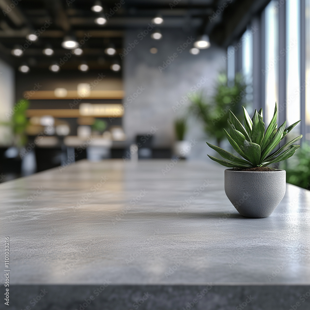Fototapeta premium A potted plant sits on a table in a room with a grey countertop. The plant is a small green cactus, and it is the only object in the room. The room appears to be empty