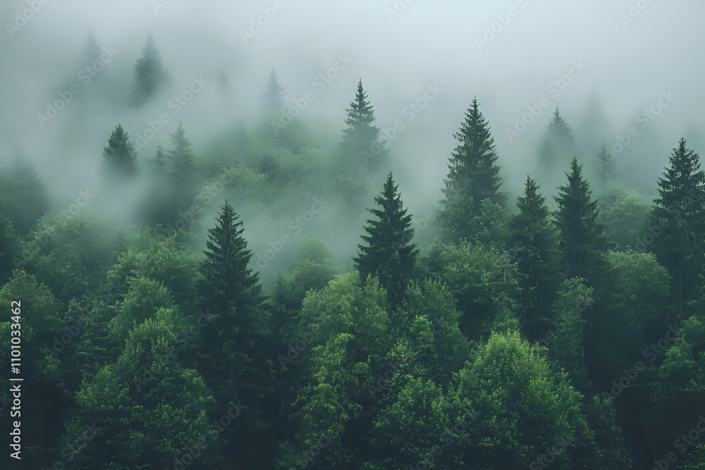 Fototapeta premium Towering Trees Enveloped in Mist Creating a Calm Forest Landscape