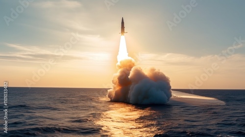 Missile Launch at Sunset: A Powerful Image of Modern Warfare photo