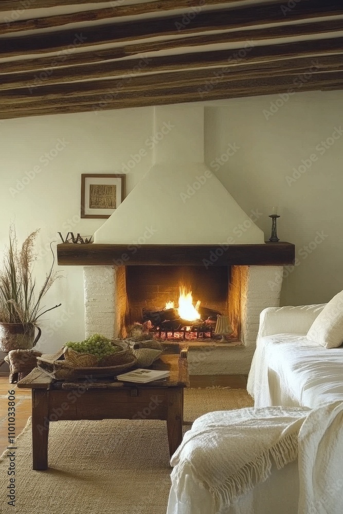 Fototapeta premium Cozy Fireplace in Rustic Living Room with Wooden Beams