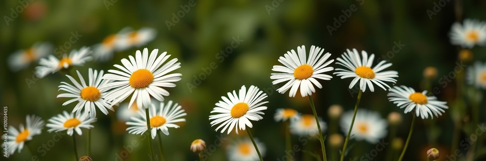 Fototapeta premium daisy flowers swaying in the breeze amidst a blurry background, wind, natural beauty
