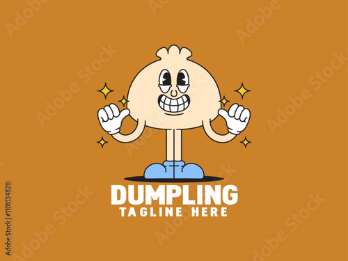 Dumpling with Cheerful Expression Cartoon retro handdrawn mascot character logo illustration vector