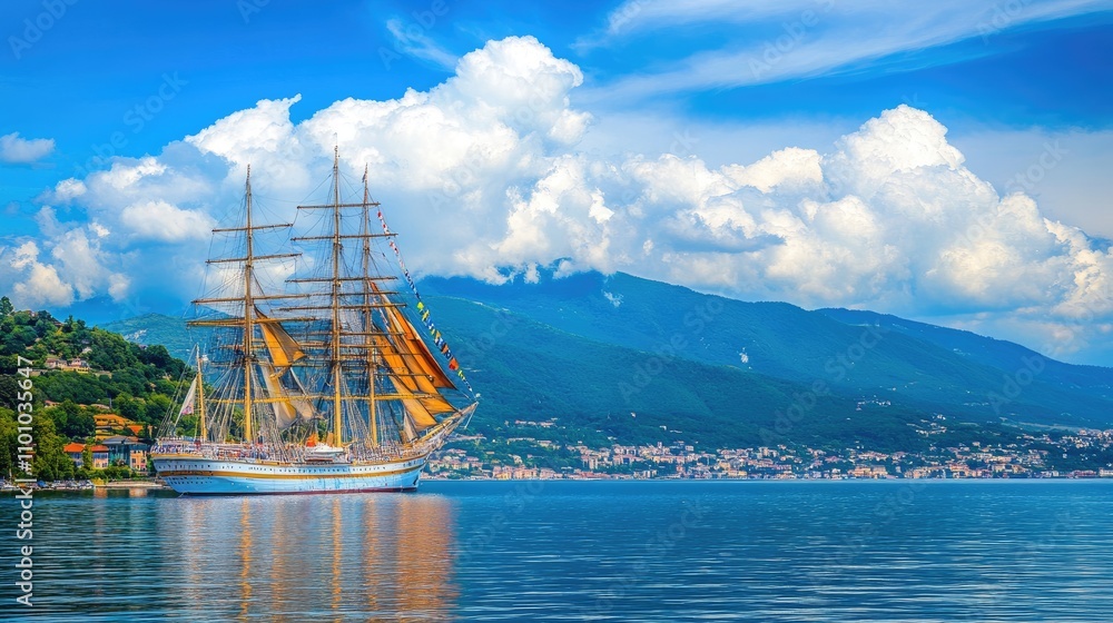 Obraz premium Majestic Tall Ship Docked in Calm Waters Under Blue Sky