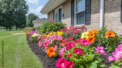 Wallpaper Mural Colorful Flower Bed in Front of House with Green Lawn and Trees Torontodigital.ca