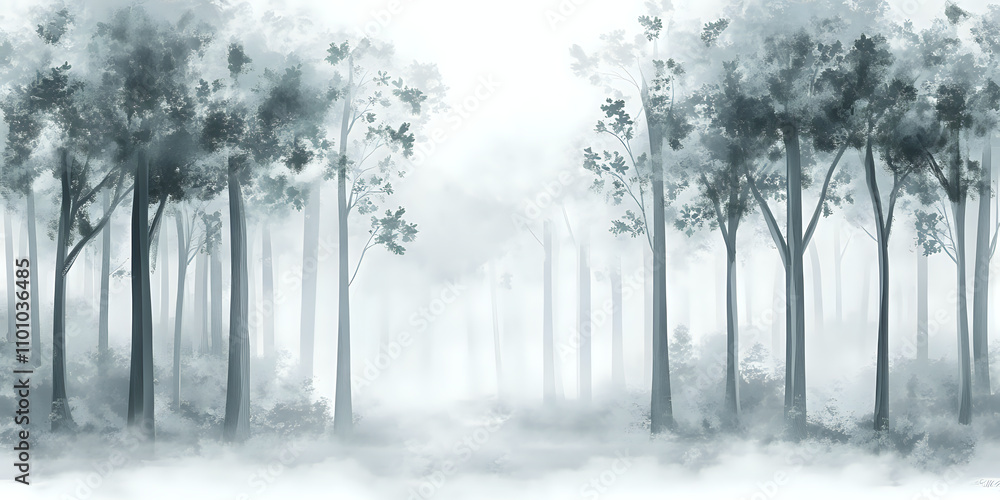 Fototapeta premium Enchanted Forest Covered in Fog Creating a Mysterious Ambiance with Soft Gray Tones