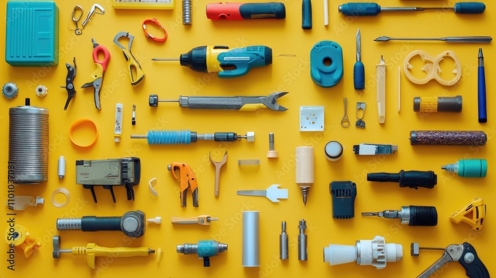 Obraz premium Colorful Collection of Hand Tools and Equipment on Yellow Background