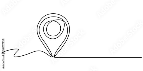 continuous one line google map point route directions and location outline vector art illustration, Location Single Line Icon, A simple, continuous line drawing of a pin on a map.  It represents a 
