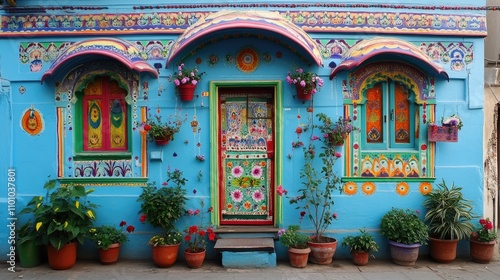 Vibrant Blue House with Colorful Indian Artwork and Flower Pots photo