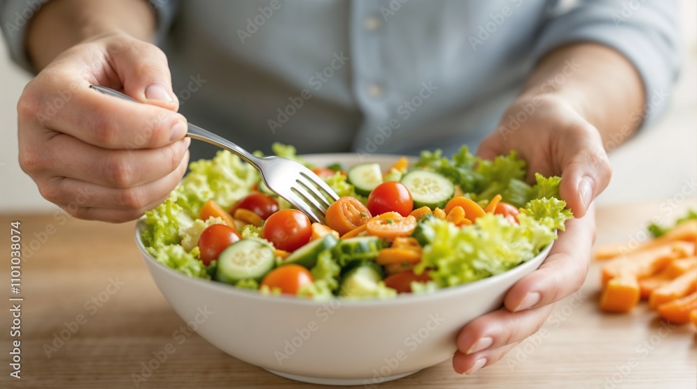 Man eating a colorful vegetable salad in a bright kitchen Man eating a colorful vegetable salad in a bright kitchen