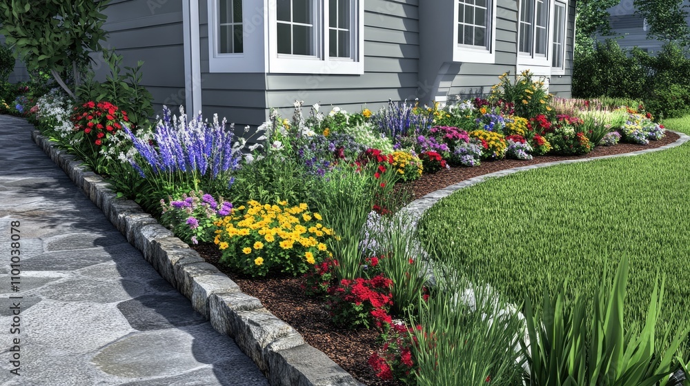 Obraz premium Vibrant Flower Garden with Pathway Next to Cozy Home Exterior
