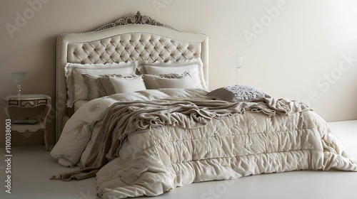 A luxurious bed with plush bedding in a bedroom with a solid cream wall photo