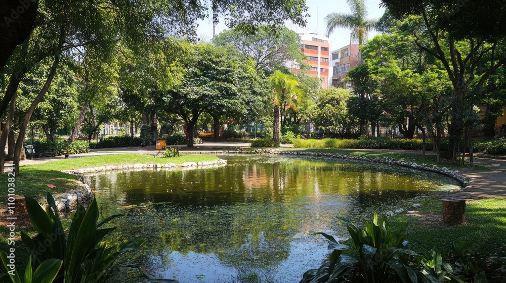 Fototapeta premium Tranquil Park Pond Surrounded By Lush Green Trees
