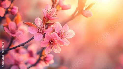 Pink cherry blossom tree in full bloom at sunrise, capturing delicate flowers and vibrant spring colors, perfect for mother’s day or easter-themed backgrounds