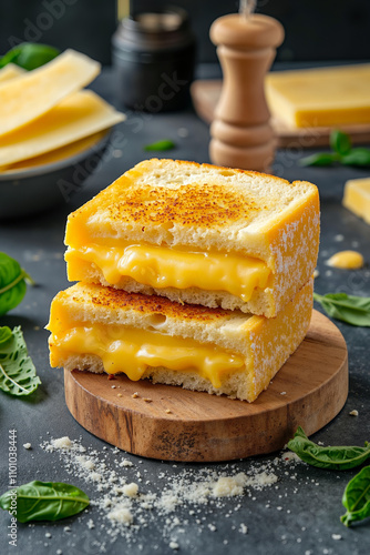 A grilled cheese sandwich cut in half on a wooden cutting board photo