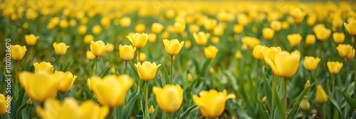 Distant view of delicate yellow tulip blossoms and fresh green leaves in a lush meadow landscape, wildflowers, spring flowers