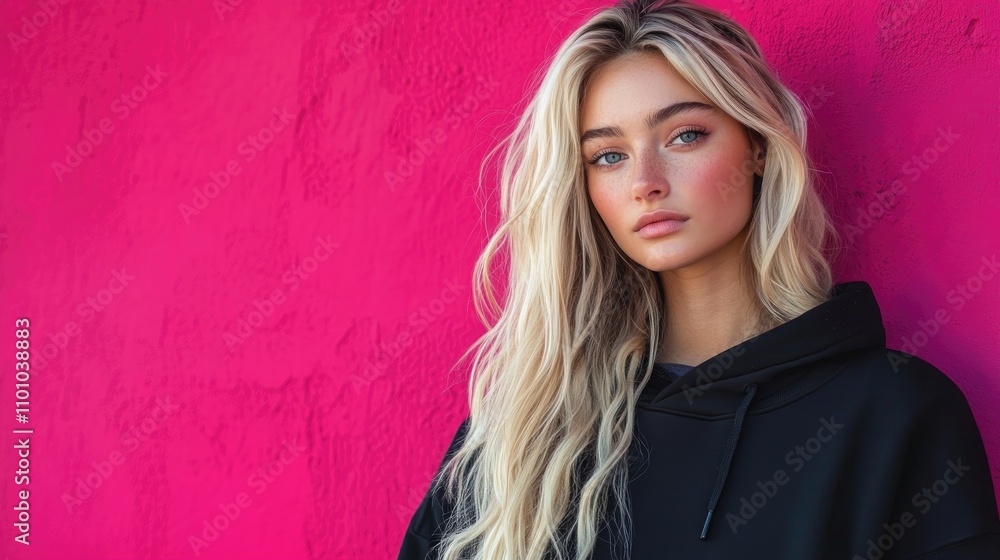 Fototapeta premium Blonde model in stylish black hoodie posing against a bright pink neon wall, showcasing a modern and trendy aesthetic with soft, natural lighting.
