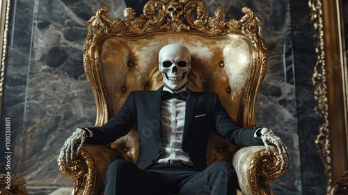 Skeleton in a formal black suit sits confidently in an ornate gold chair, embodying the relentless pursuit of wealth amidst a luxurious backdrop. photo